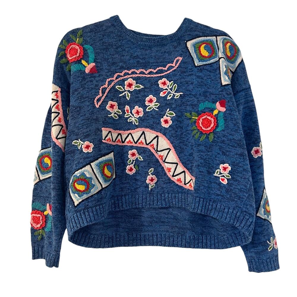 Carole Little Vintage 80's Knit Sweater Flowers Embroidery Blue Medium